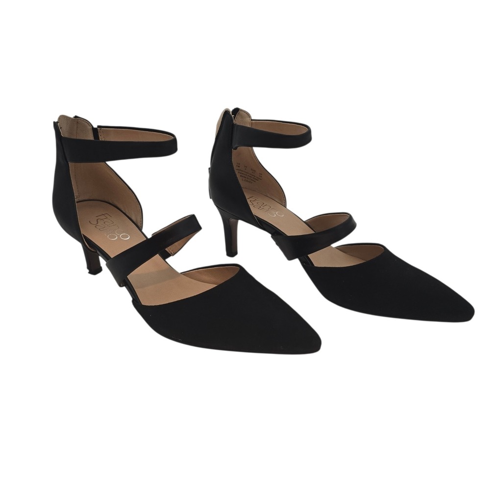 Franco Sarto Davey Black Suede Kitten Heel Pump 7 Dble Ankle Strap Quiet Luxury